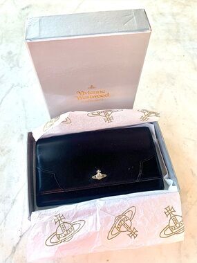 VIVIENNE WESTWOOD EXECUTIVE CLASP Black Leather LONG Wallet SILVER ORB STRIPE